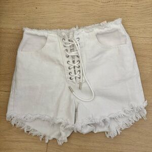 White Lace-Up Frayed Hem Women Jean Shorts